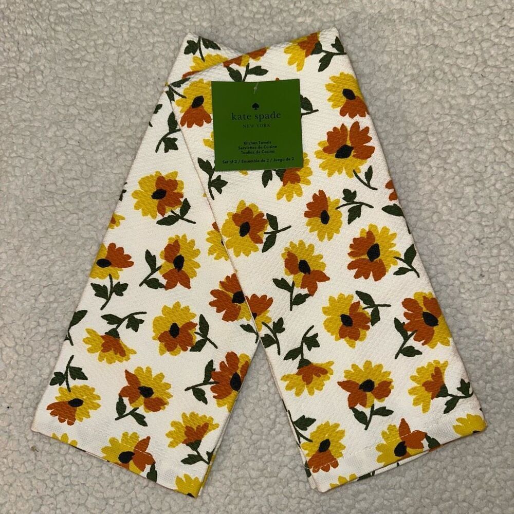 Kate Spade Autumn Floral Kitchen Towels Orange Yellow White Set of 2 NWT